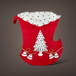 Vintage Felt Christmas Stocking Hand Made Tree Bells MidCentury‎ Modern